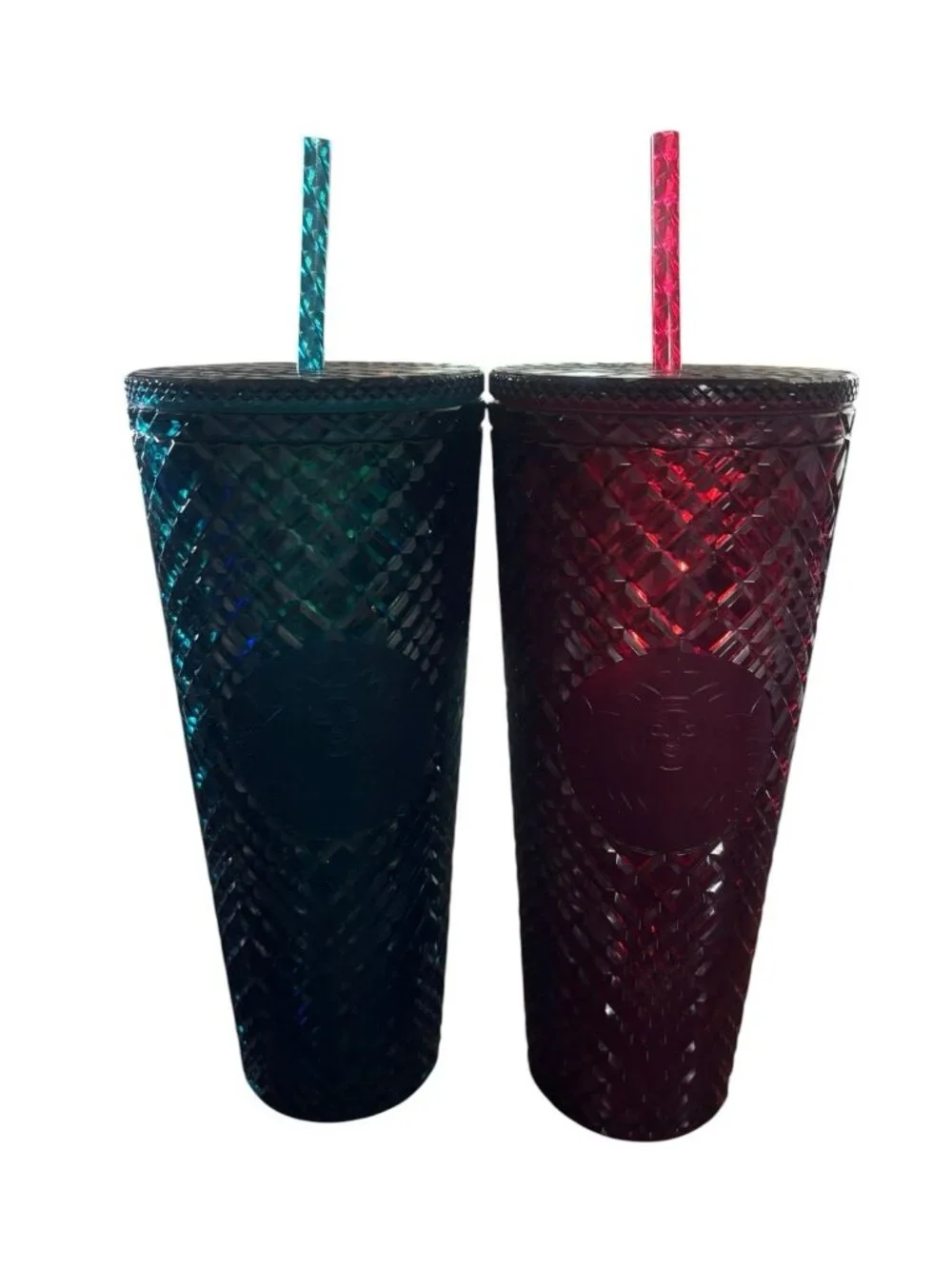 Two Starbucks Jeweled Venti Cold Cup Tumblers 24oz Emerald Green & Ruby Red New